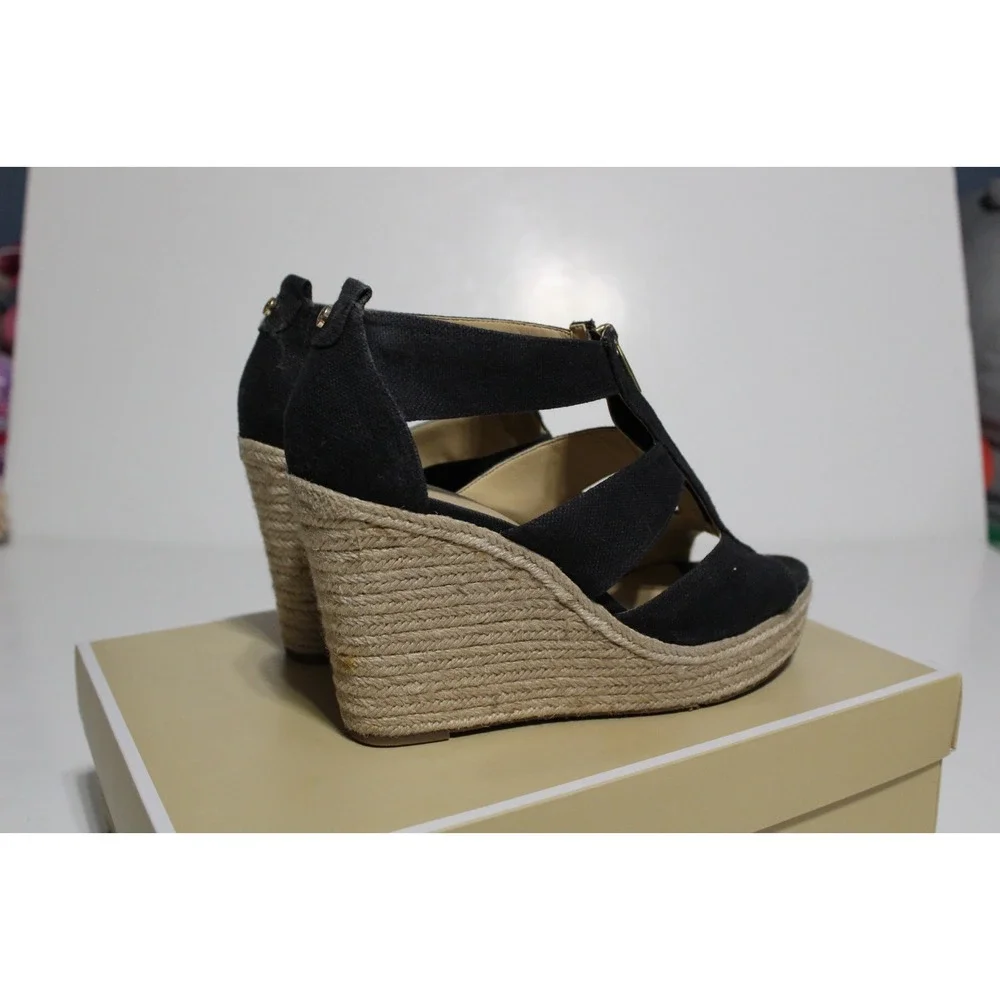 Michael Kors Damita Womens 10 M Espadrille Black Canvas Zip Front Wedge Sandal